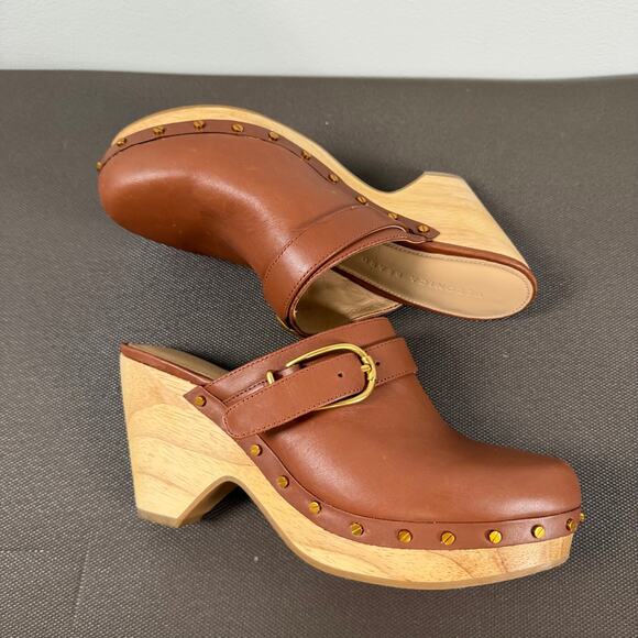 Veronica Beard Hendrix Clogs Brown Leather Chunky Platform Wooden Heel Size 7.5M - Picture 12 of 13
